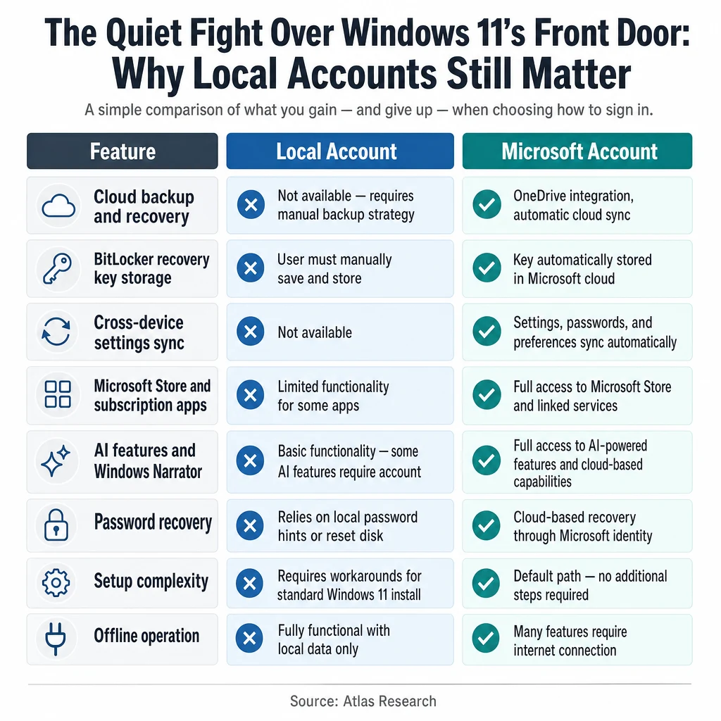 Infographic: The Quiet Fight Over Windows 11's Front Door: Why Local Accounts Still Matter